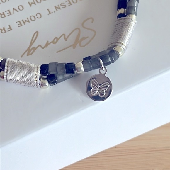 Brand New Set of Silver Plated Beaded Stretch Bracelets Butterfly Charm “Strong” - Picture 7 of 14